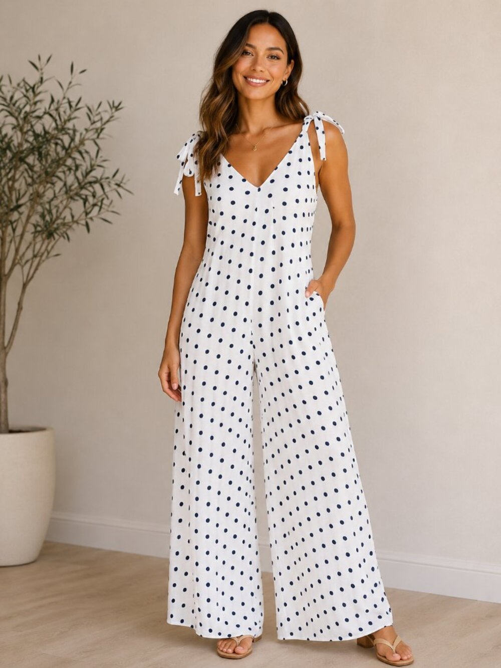 Azucar Linen Polka Dot Wide Leg Jumpsuit XL Coastal Grandmother Resortcore